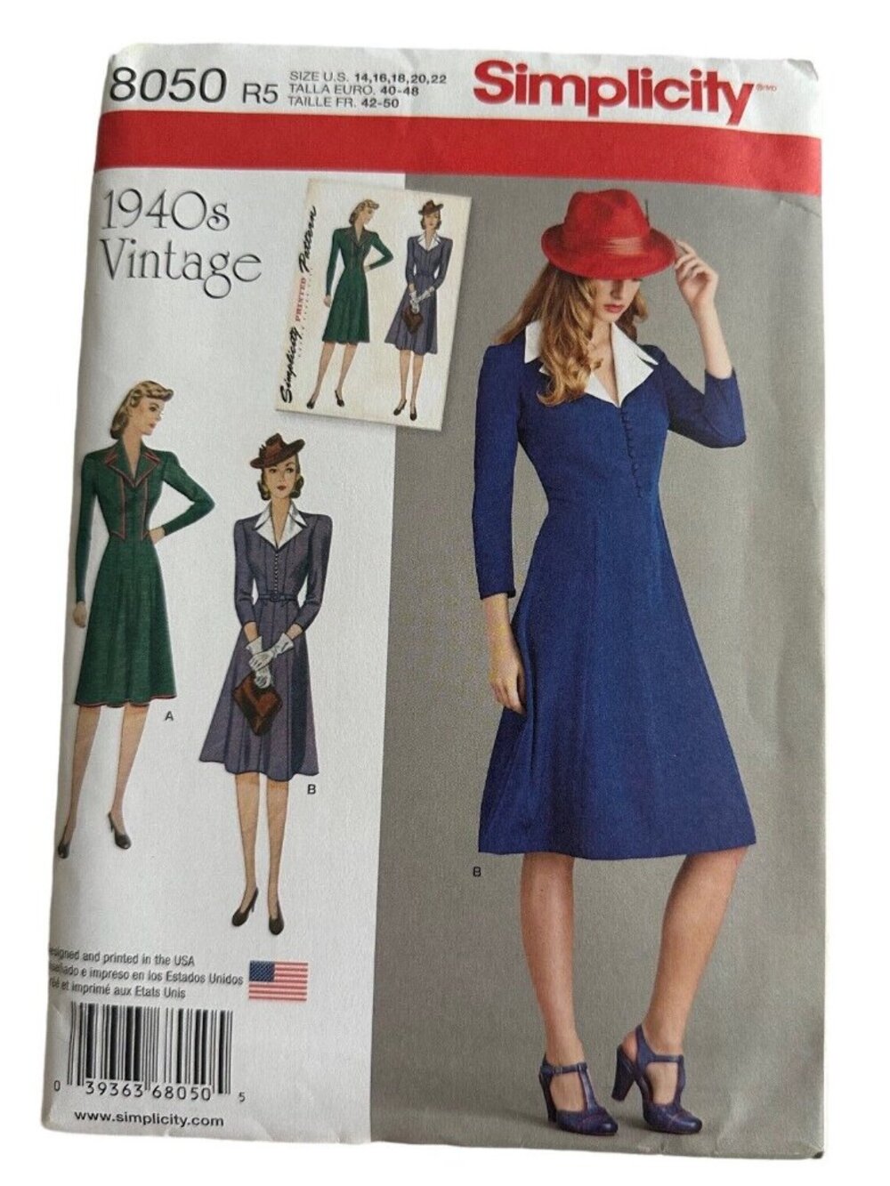 Simplicity Pattern 8050 Vintage Inspired Dress Button Bodice Split Collar 14-22